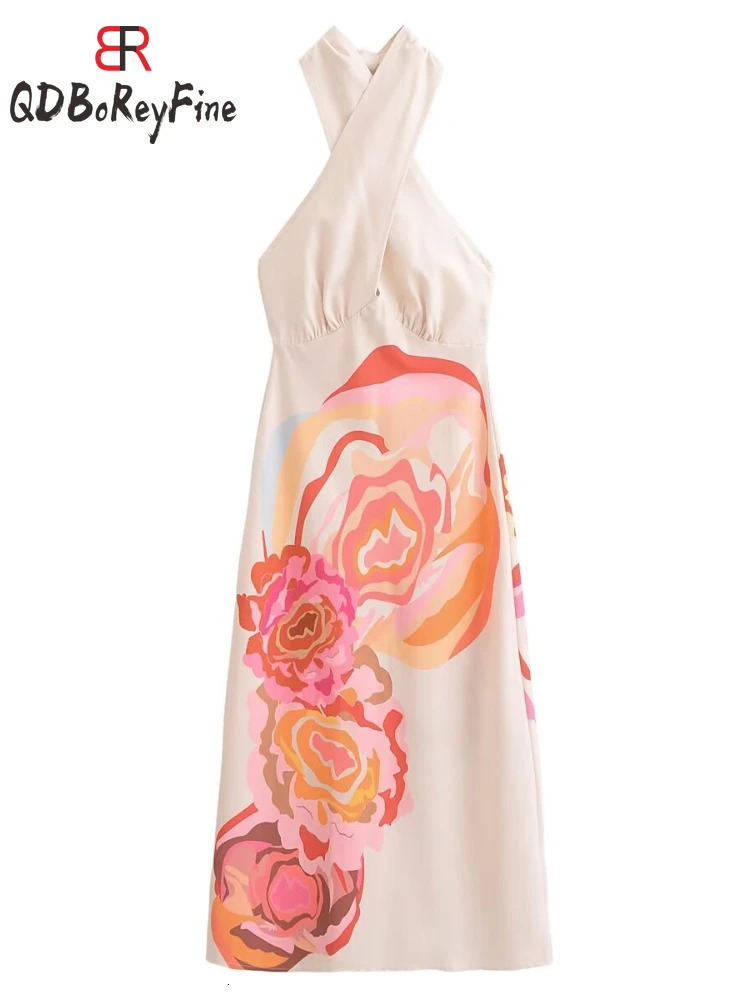 Flower Print Sexy Women Summer Dress Elegant Sleeveless Crossed Lace-Up Loose Holiday Backless Evening Wedding Dress for Women 240429