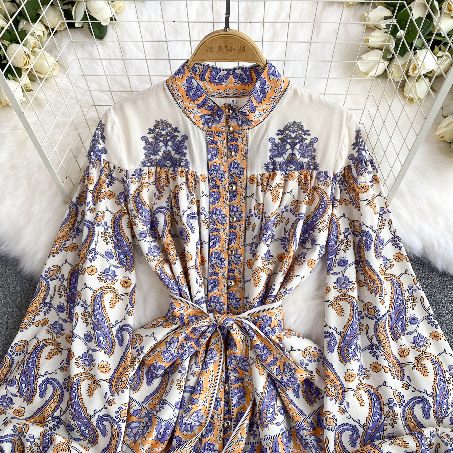 New Casual Dresses Spring Summer Vintage Paisley Short Dress Women Stand Collar Long Lantern Sleeve Single Breasted Sashes Loose Mini Vestidos
