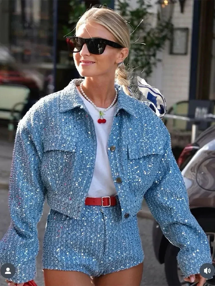 Women Sequin jean-jacket Short Pant Suit Loose Lapel Single Breasted Coat 2 Pieces Sets Spring Summer Chic Streetwear 240423