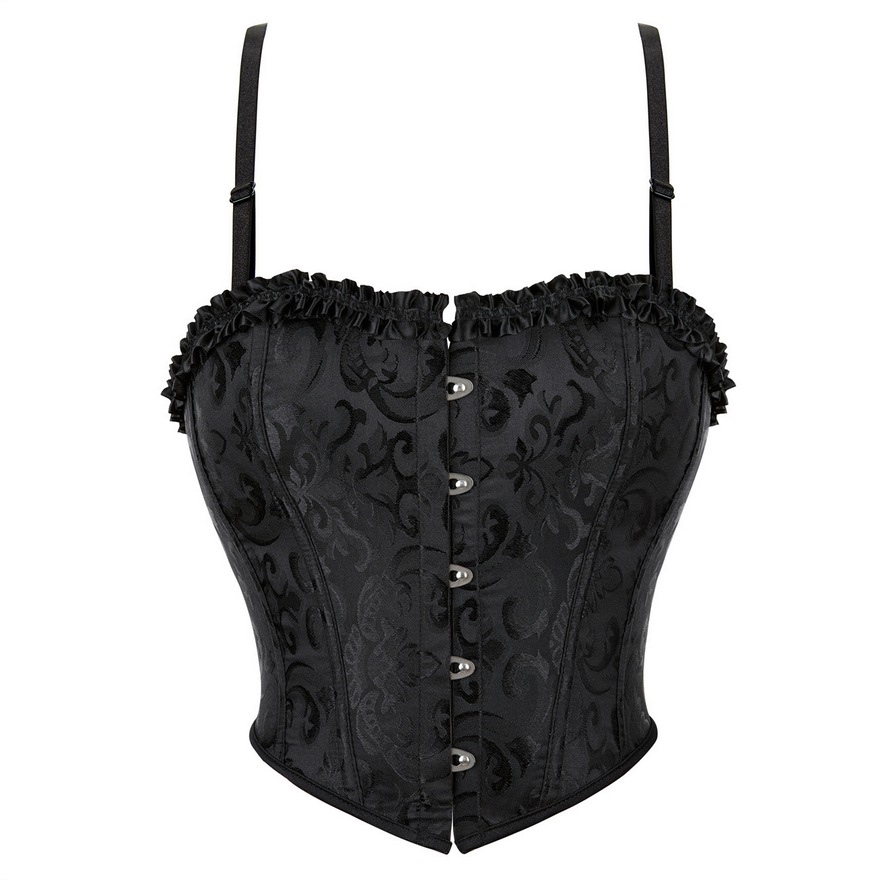 New Black Brocade Floral Jacquard Cropped Corset Top with Ruffle Trim Women Fashion Sling Crop Tops Plastic Boned Overbust Bustier Lace-Up Short Waist