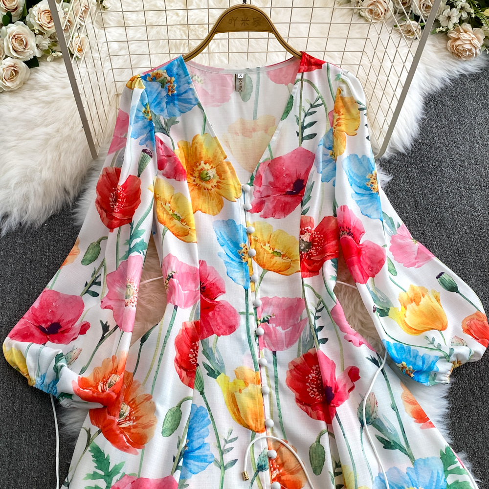 Women Basic Casual Dresses Spring Summer Holiday Flower Linen Dress Women V-Neck Lantern Sleeve Floral Print Single Breasted Sashes Long Robe Vestidos