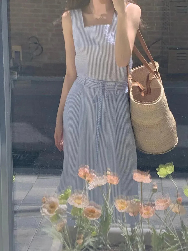 Korean Fashion 2 Two Piece Set for Women Summer Outfits Striped Sleeveless Tops Vest Midi Skirt in Matching Sets 240423