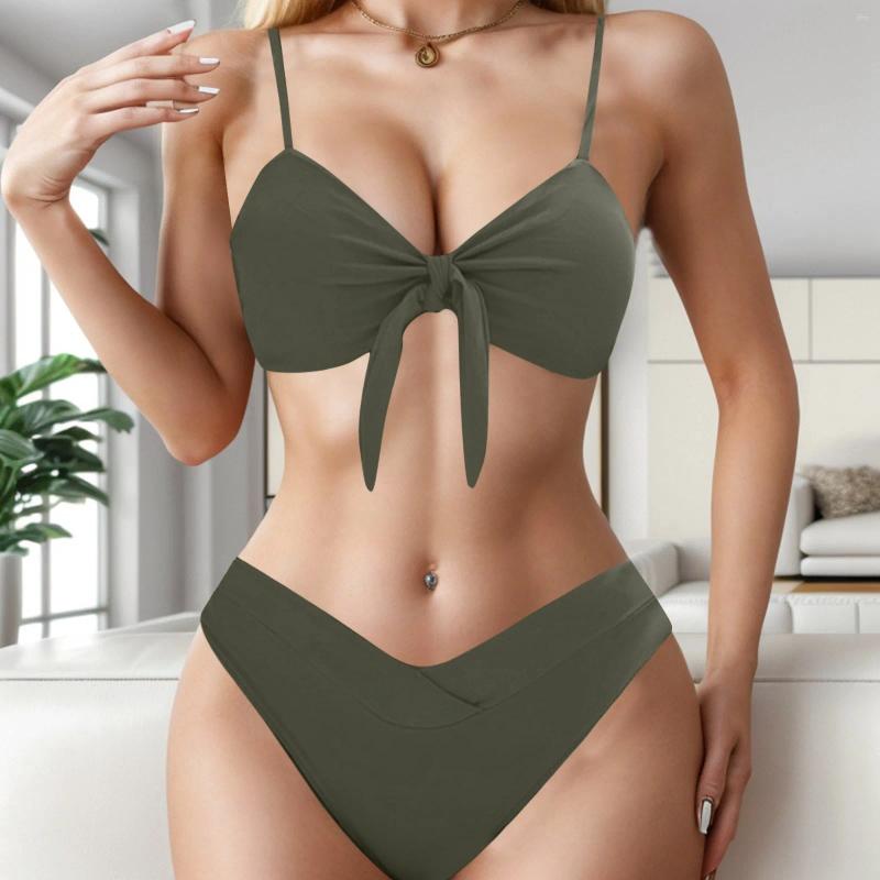 Womens Swimwear Summer Two Pieces Bikini Pure Color Thin Shoulder Straps Bow Pleated V-Neck Push Up Vacation Swimwears Low Waist Swimsuit