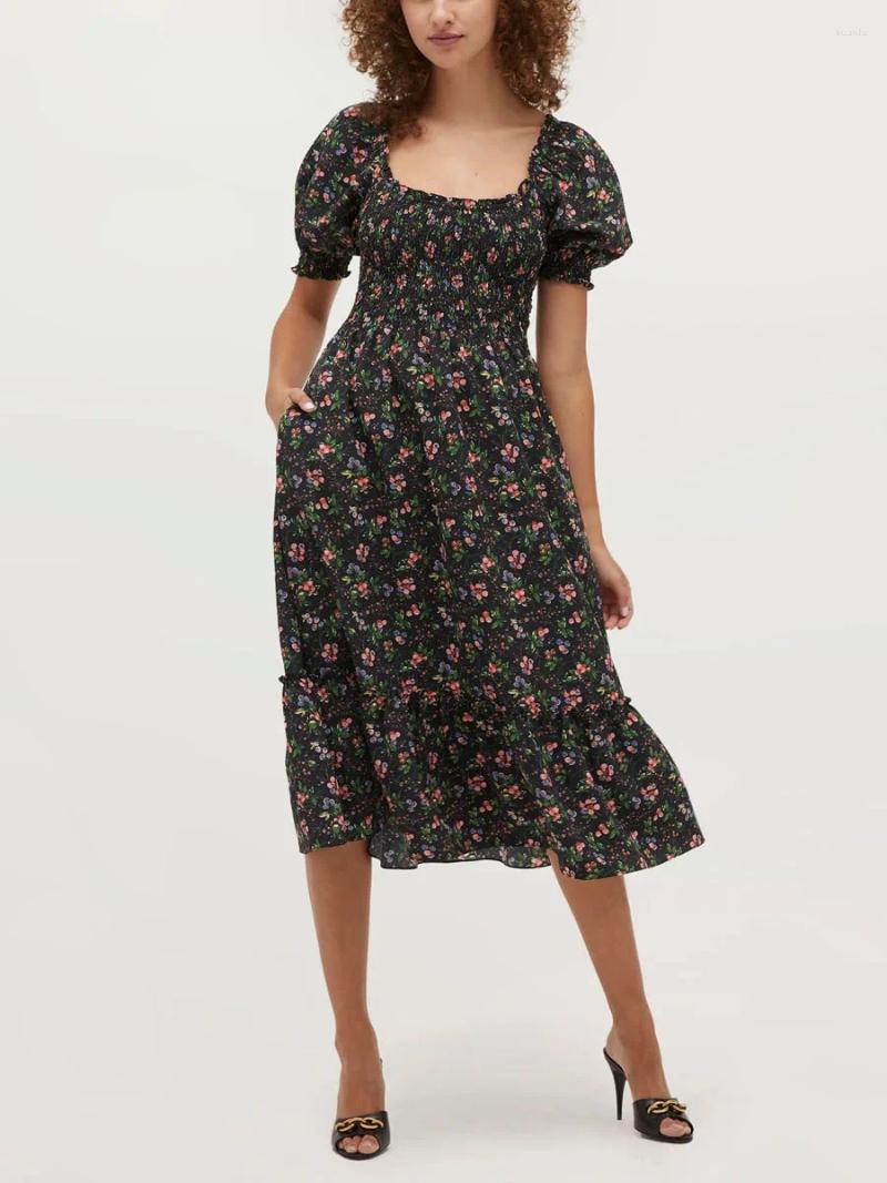 Casual Dresses Summer Women Midi Dress With Floral Print Square Neckline Pleated Short Sleeved A-Line Backless