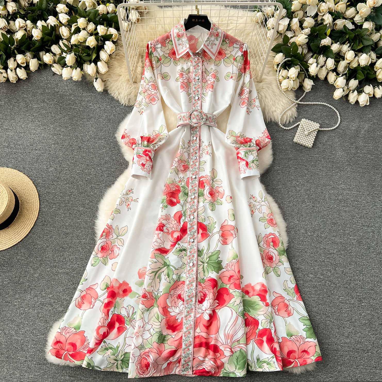 Dresses High-Quality Bohemian Wer Shirt Dress Women's Stand Long Lantern Sleeve Ral Print Single Breasted Belt Holiday Boho Maxi Vestidos