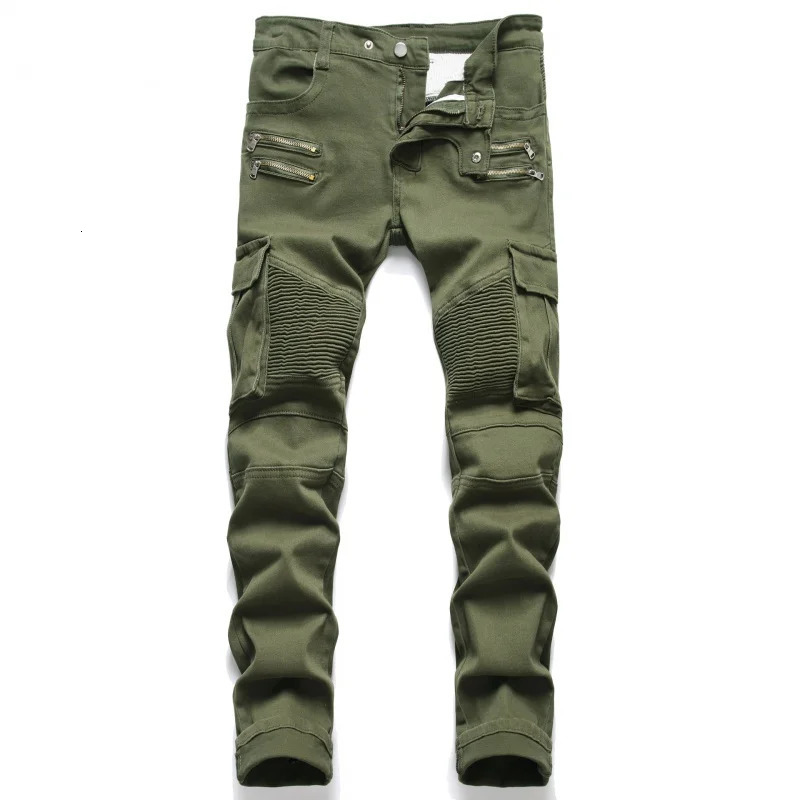 Mens Bike Jeans Cycling Pants Army Green Motorcycle High end Fashion Straight Fit Casual Denim 240430