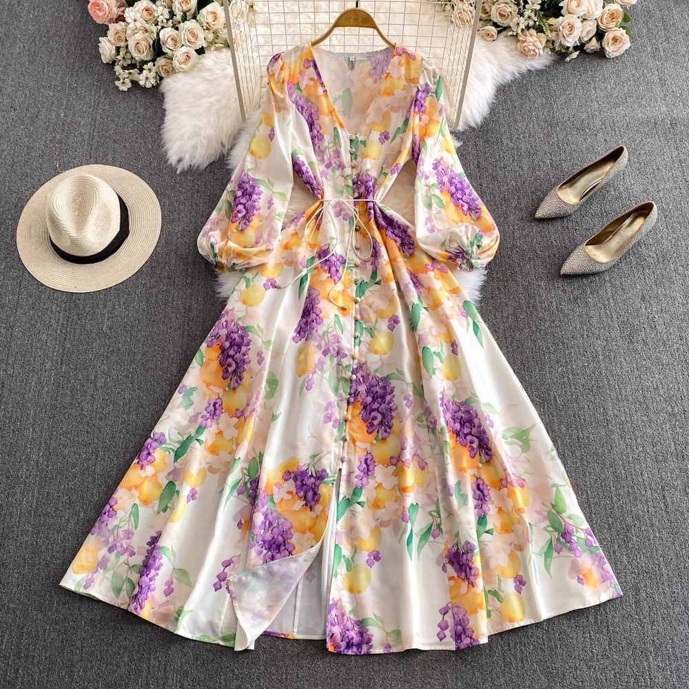 Women Basic Casual Dresses Spring Summer Holiday Flower Linen Dress Women V-Neck Lantern Sleeve Floral Print Single Breasted Sashes Long Robe Vestidos