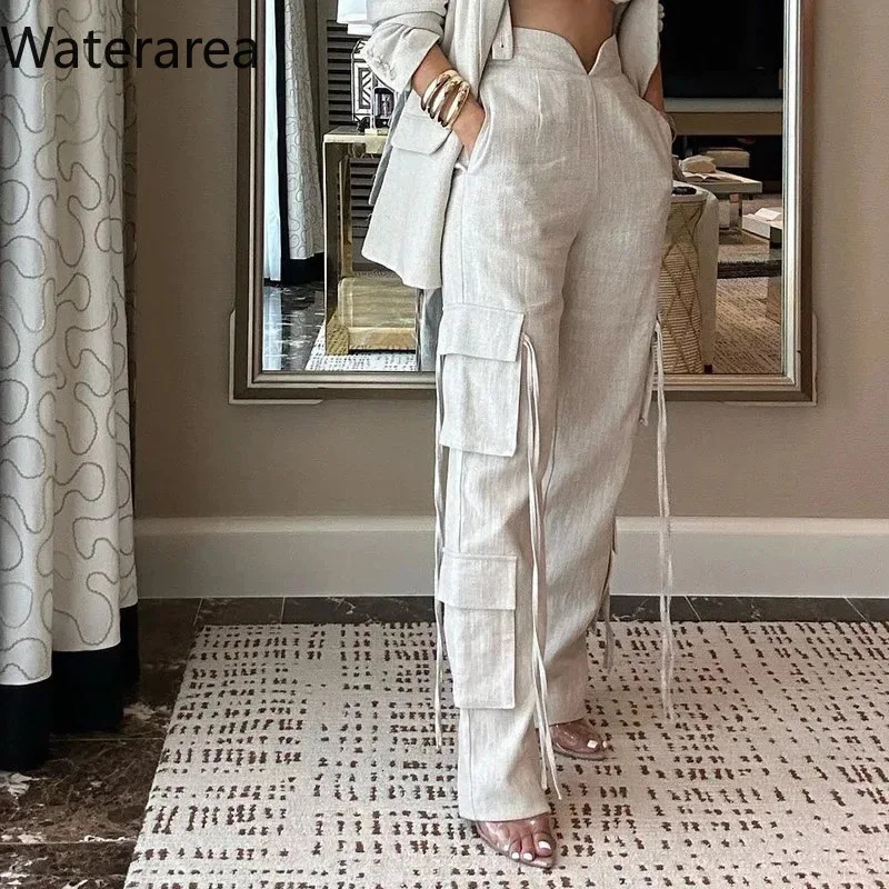Waterarea Fashion Womens Set Long Sleeve Blazer Suit and Wide Leg Cargo Pants OL Workout Two 2 Piece Sets Outfit Tracksuit 240504