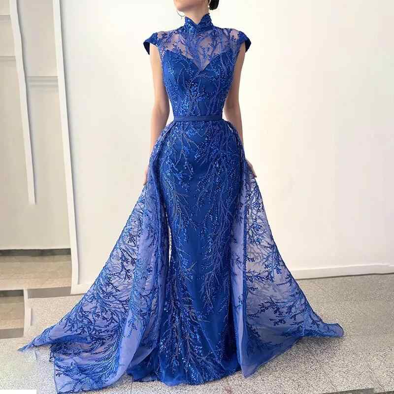 Elegant Mermaid Prom Art Deco-inspired High Neck Sleeveless Sweep Train Dress Lace Appliques Beading Celebrity Evening Dresses Plus Size Custom Made L