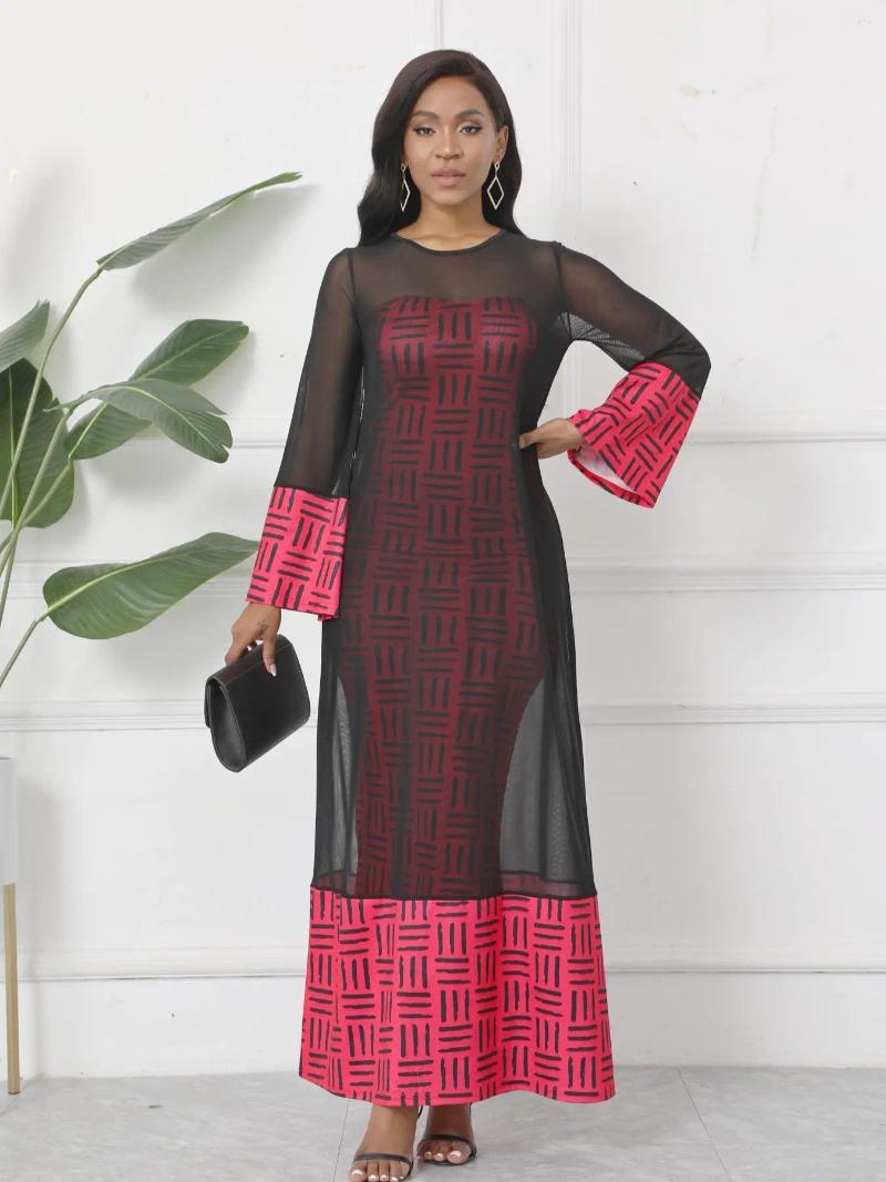 Work Dresses Casual Printed 2 Piece Set Women Spring Summer Mesh Outfit See Through Flare Sleeve Dress Strapless Bodycon Suit