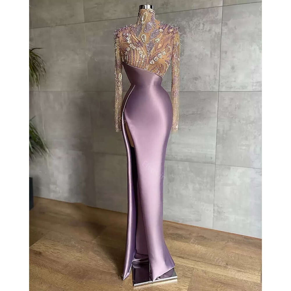 With Lavender Sleeves Mermaid Long Evening Dresses Beading High Neck Satin Side Slit Plus Size Illusion Top Prom Party Gowns Designer Vestidos