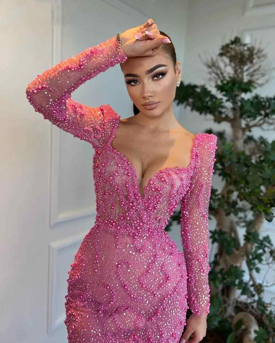 Sexy Mermaid Prom Dresses Square Long Sleeve Sweep TrainLace Appliques Sequins Beading Celebrity Evening Dresses Plus Size Custom Made L24744