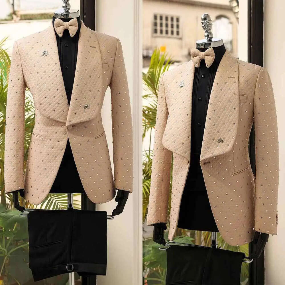 Shawl Tuxedos Pieces Beads Blazer 2 Wedding Lapel Black Pants One Button Pockets Fashion Coat Prom Party Ocns Custom Made Tailored Exquisite Fit