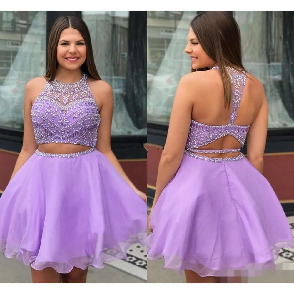 Cute Lavender Two Homecoming Jewel Dresses Piece Neck Beaded A E Backless Custom Made Hollow Graduation Party Gowns