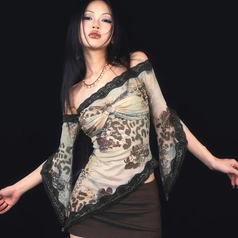 Y2K Vintage Lace Mesh See Through Long Sleeve T-Shirts Sexy Butterfly Floral Print Off-Shoulder Summer Tops Fashion Women Tees 240506