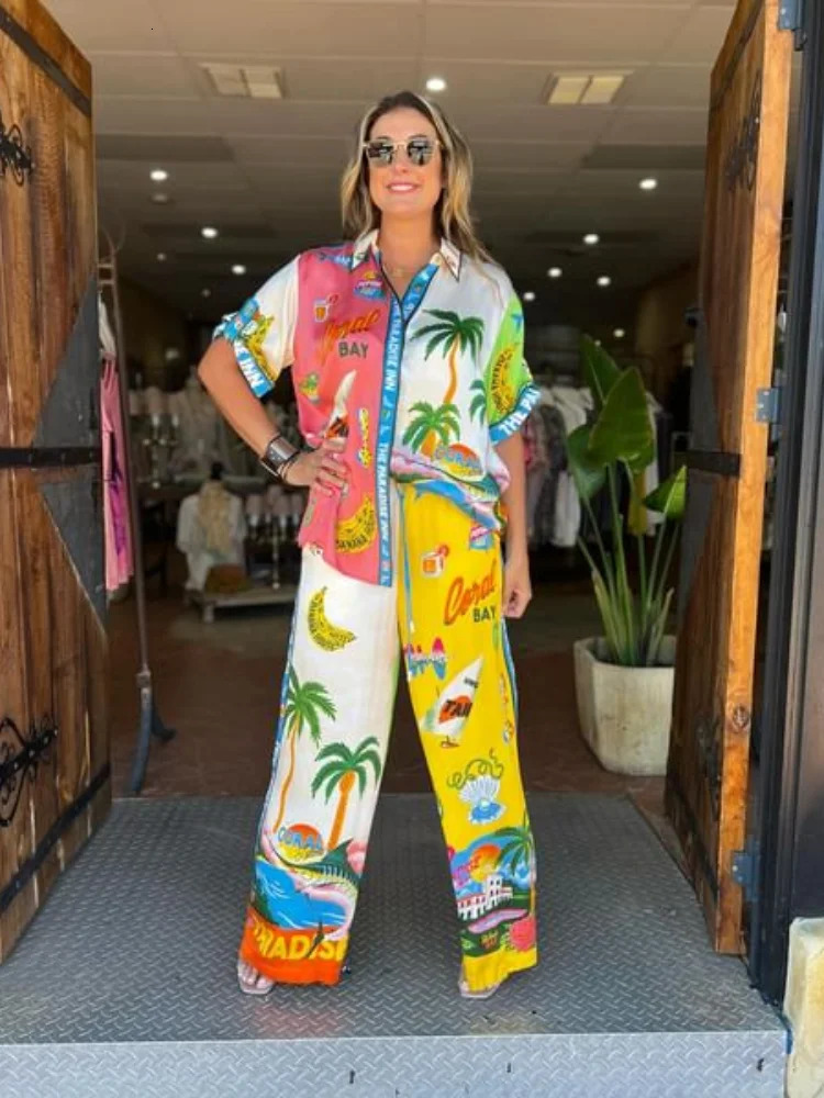 Holiday Print Shirt Womens Suit Fashion Loose Single Breasted Top Female Sets Summer High Waist Wide Leg Pants Set 240423