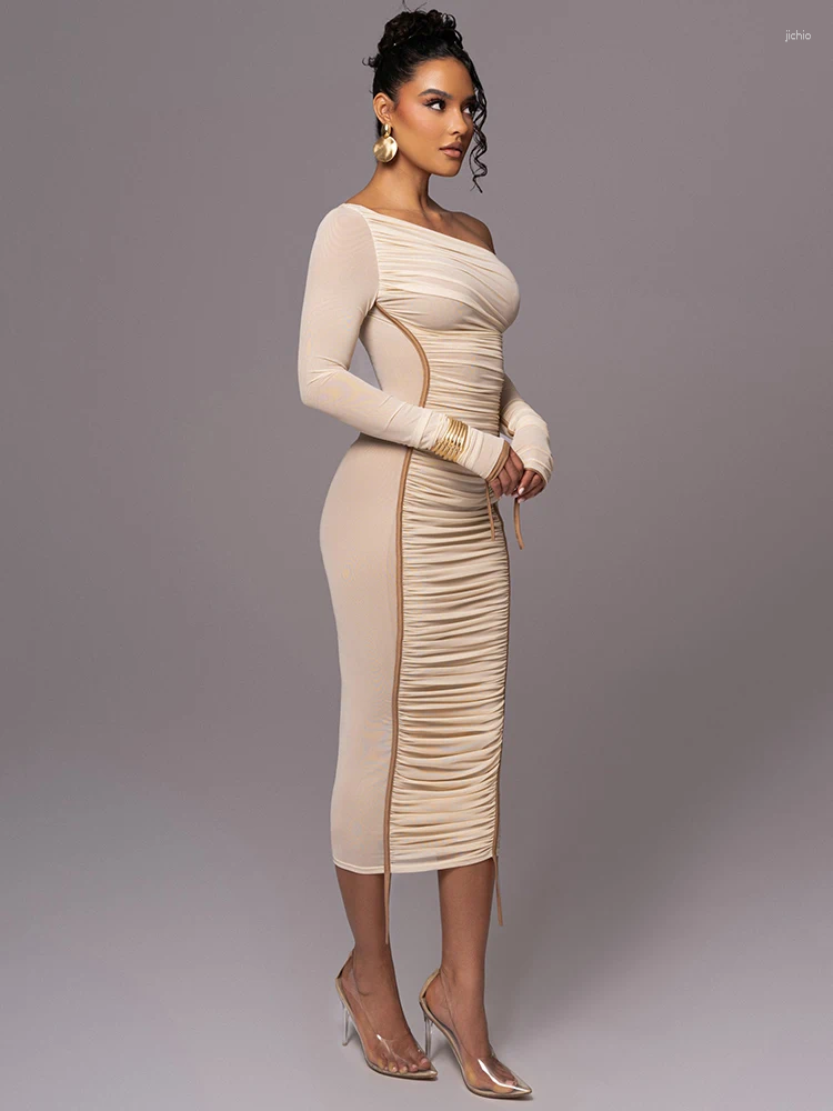 Casual Dresses Mozision Diagonal Collar Long Sleeve Midi Dress For Women Two Layer Mesh Backless Ruched Bodycon Club Party Sexy
