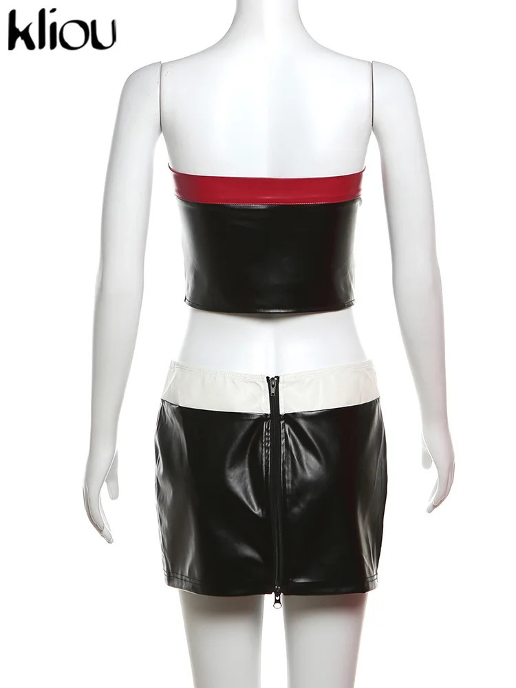 kliou Leather Panelled 2 Piece Set Women Zip up Slim Wrapped Chest Irregularly TopsCasual Mini Skirts Female Street Trend Suits 240423