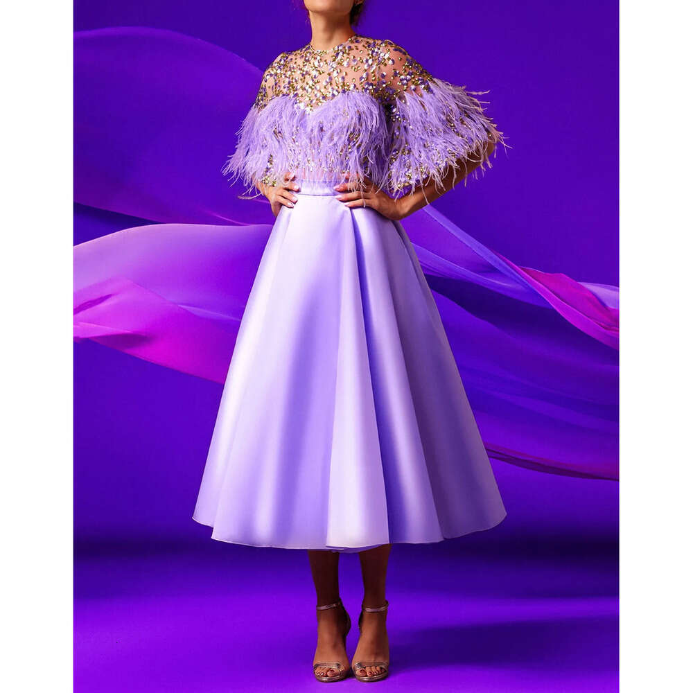 A Line Sequins Elegant Jewel Beads Dresses Prom Feathers Short Sleeves Satin Tea Length Zipper Custom Made Plus Size Party Dress Vestido De Noite