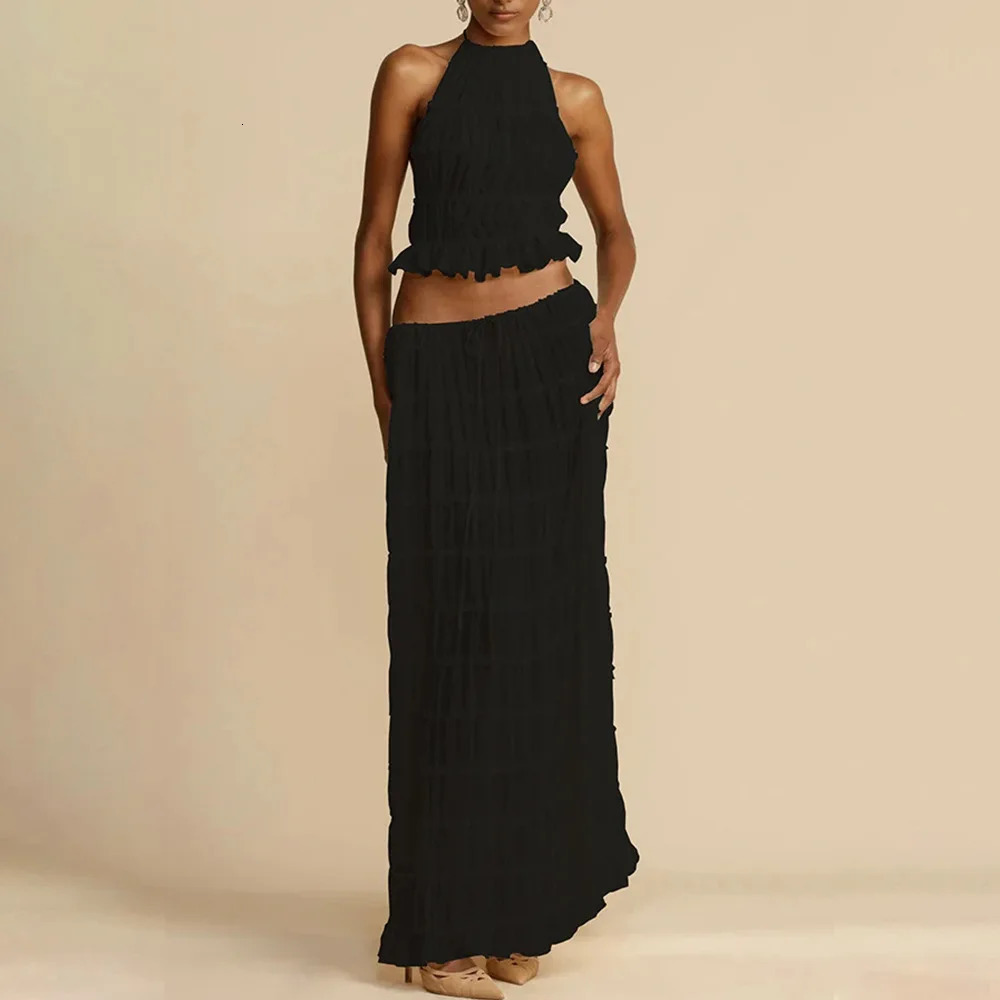 Female 2 Piece Set Skirt Suit Women Sling Halter Short Tops Sleeveless Backless Skirts Long Summer Sexy Outfits 240423