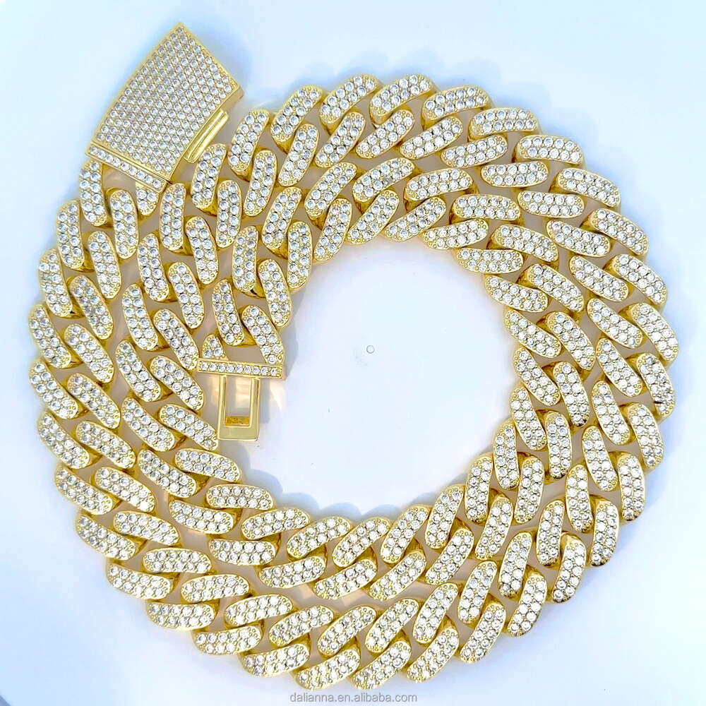 Cheap Iced Out Vvs Moissanite 2 Rows Miami Gold Cuban Chain Necklace 925 Sterling Silver Diamond Moissanite Cuban Link Chain
