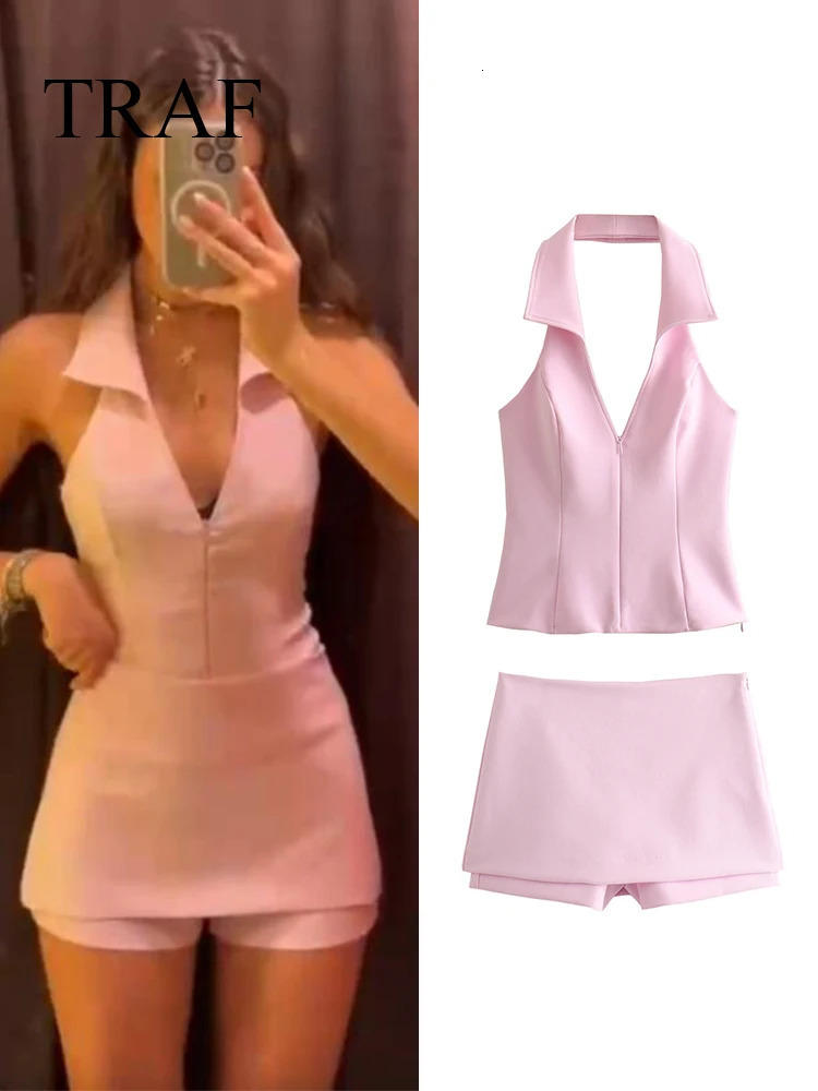 TRAF Women Casual Skirts Shorts Set Chic Halter Shirt Neck Backless Top Sweet Pink Summer Sexy Sets 240423