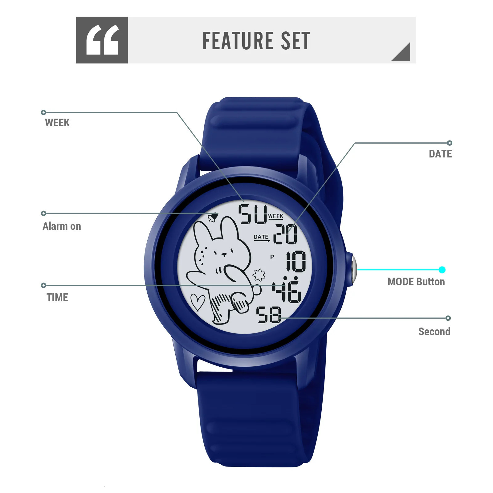 SKMEI Cute Cartoon Rabbit Pattern Countdown Sport Digital Watches For Children Boys Girls Back Light Kids Wristwatch Alarm Clock 240428