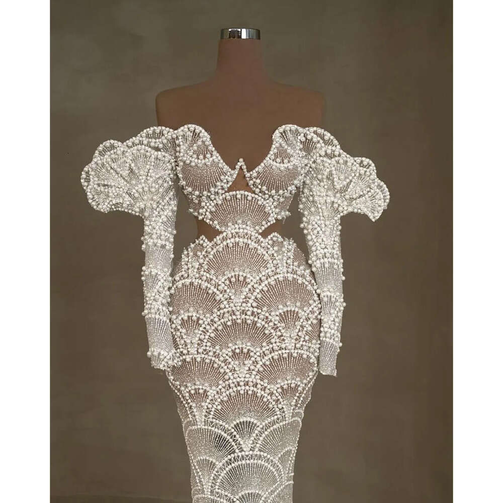 The Mermaid Off Dresses Shoulder Sweetheart Wedding Designer Pearls Lace On Tulle Court Custom Made Plus Size Bridal Gown Vestidos De Novia
