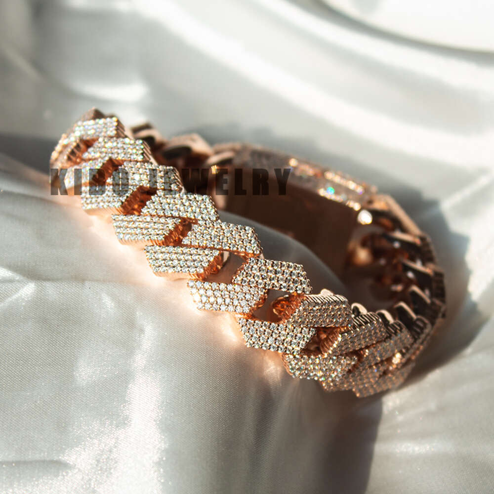 Fashion Hip Hop Jewelry for Men Iced Out S925 Silver with Rose Gold Plated Link Chain Moissanite Baguette Cuban Bracelet