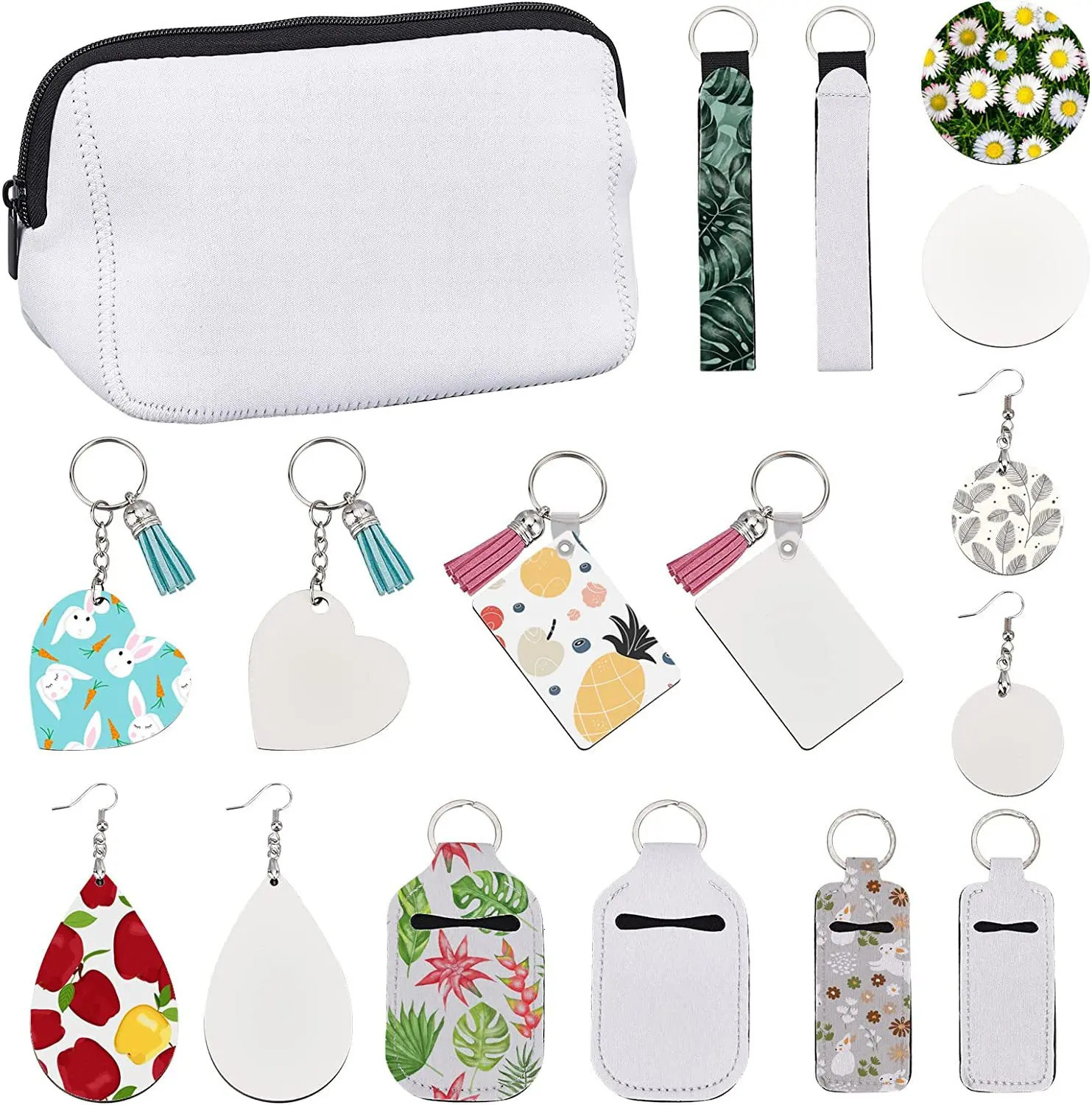 38Pcs/Set Sublimation Blanks Products Set DIY Blank Keychain With Makeup Bags Heat Transfer Keychain Set 240504
