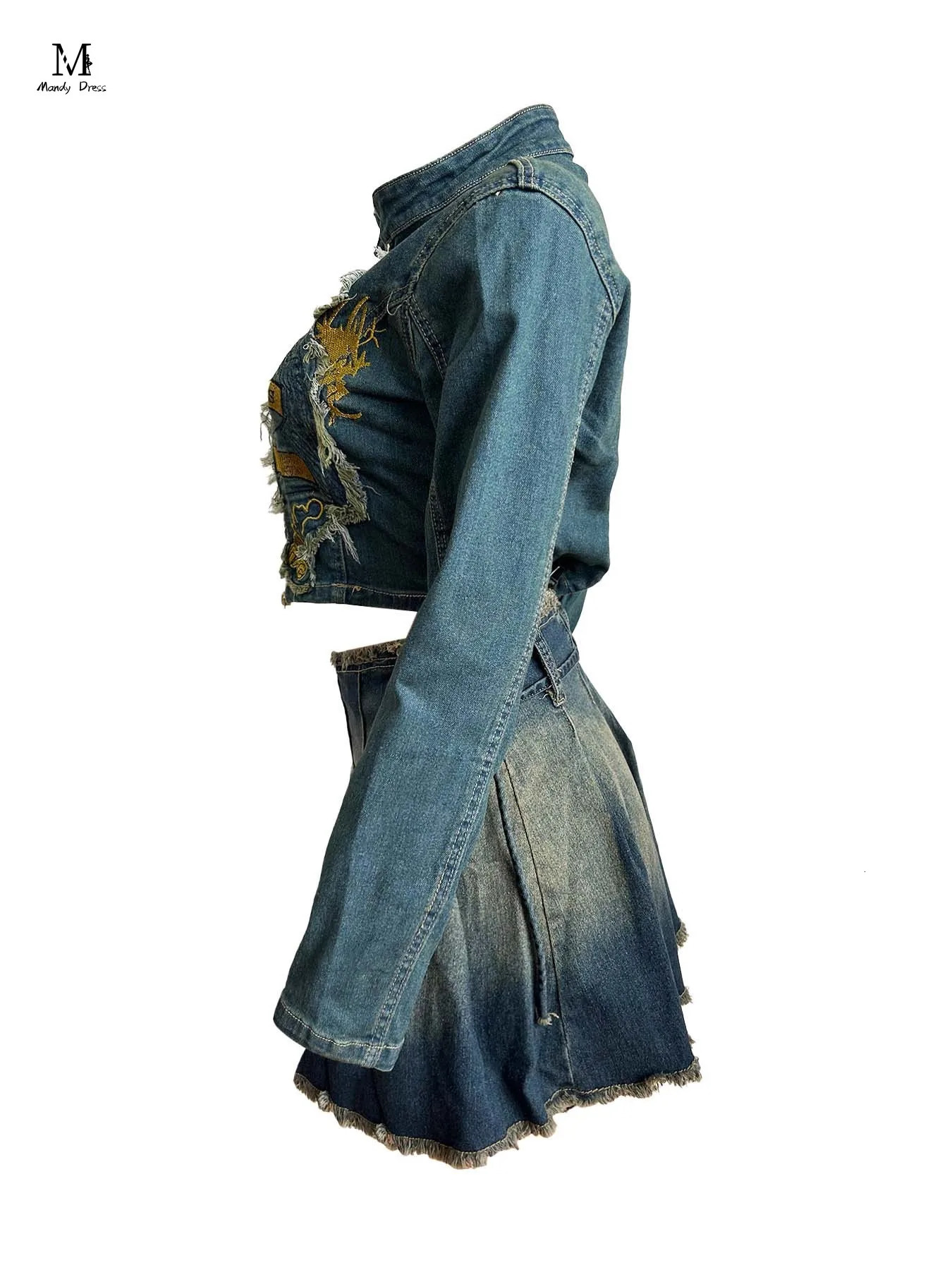 Fashion Stretch Denim Suit Women Embroidery Jacket Pleated Skirt Outfits Streetwear Lady 2 Two Piece Matching Sets 240428