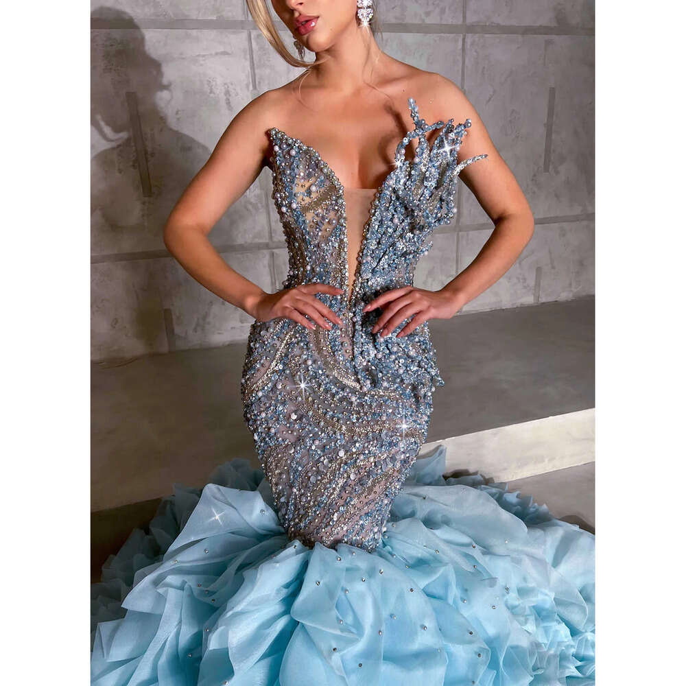 Beads Sweetheart Mermaid Prom Irregular Pearls Dresses Designer Tiered Pleat Sweep Train Custom Made Plus Size Party Evening Dress Vestido De Noite Lz