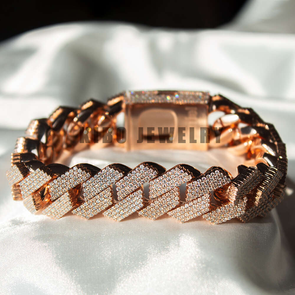 Fashion Hip Hop Jewelry for Men Iced Out S925 Silver with Rose Gold Plated Link Chain Moissanite Baguette Cuban Bracelet