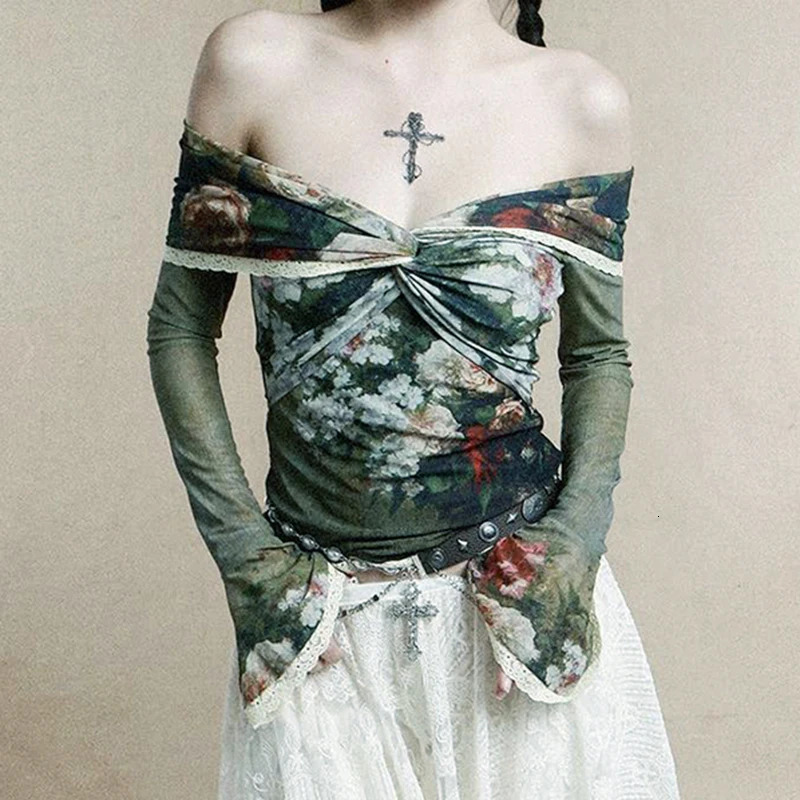 Y2K Vintage Lace Mesh See Through Long Sleeve T-Shirts Sexy Butterfly Floral Print Off-Shoulder Summer Tops Fashion Women Tees 240506