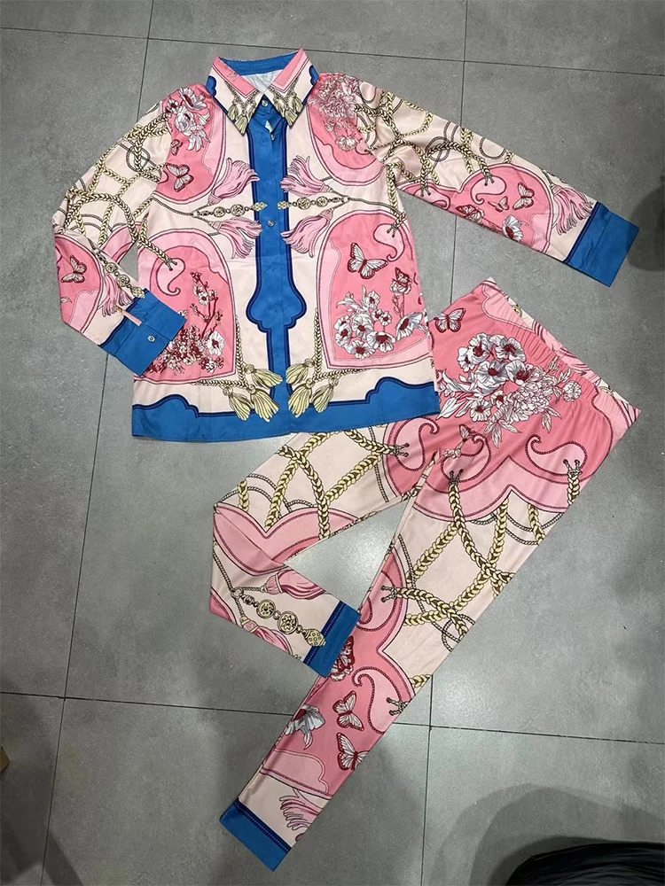 Retro geometric print lapel loose shirt two-piece set summer womens elastic waist tight stretch pants fashion set 240429 - view 3