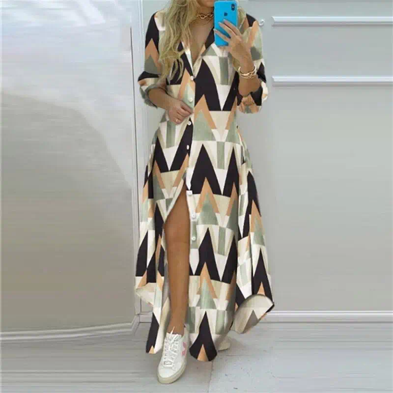 Casual Dresses Summer Women Boho Printed Long Shirts Elegant Dress Turn-down Collar Sleeve Female Split Shirt Evening Maxi