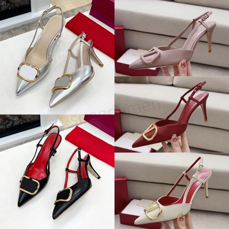 Designer Women's Sandals High Heels Metal V-Button Pointed Shoes Naked Black Red Matte Classic Brand Sandals 6cm 8cm 10cm Slim Sexy High Hee
