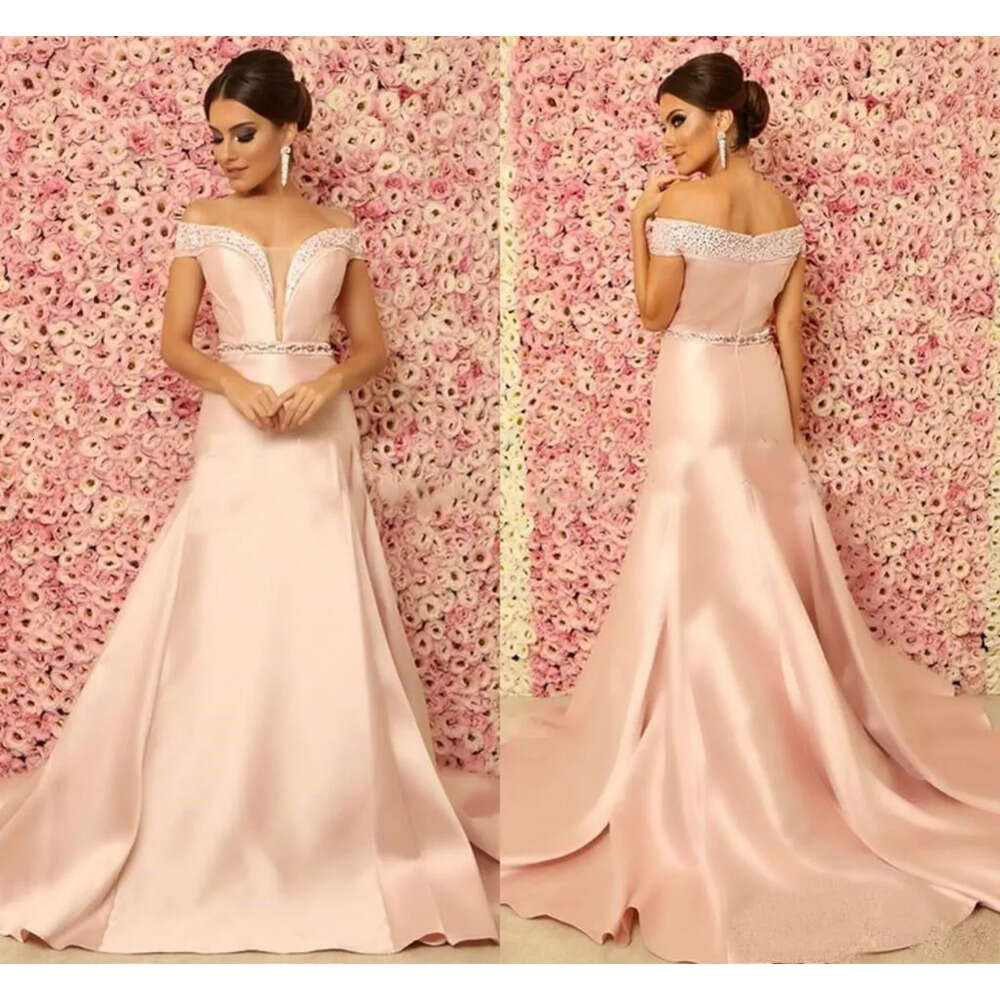 Beaded Shoulder Off Mermaid Elegant Prom Crystals Custom Made Evening Dresses Satin Long Formal Party Gowns