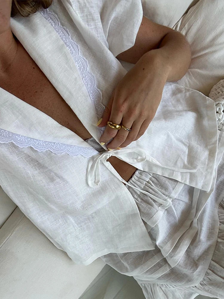 Lace Up Shirts Skirt Suits for Women Doll Collar Bow Puff Short Sleeve Single Breasted Mini Skirts Summer Fashion Lady Sets 240429