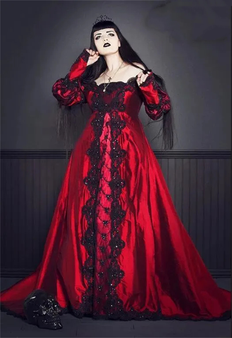 Vintage Black And Red Gothic Wedding Dresses With Detachable Lace Wrap Long Sleeves Ruched Off Shoulder A Line Historical Masquerade Dress For Women