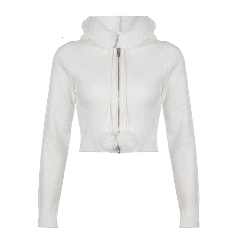 Women's Jackets Y2K Grunge Fur Knitted Jackets Double Zipper Vintage Cropped Coat Women Harajuku Aesthetic Cute Chic Jumpers Korean Outfits 23112