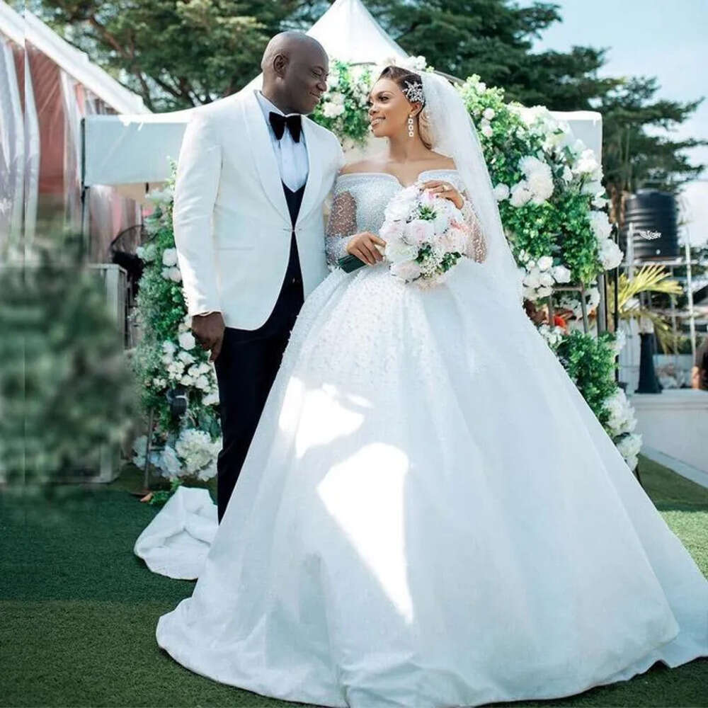 Dresses Sparkly 2021 Long Sleeves Ball Sequins Off The Shoulder Sweep Train Tulle Custom Made Chapel Wedding Gown Vestidos