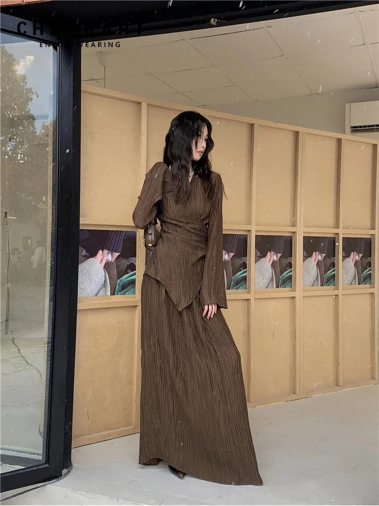 CHEERART Brown Pleate Elegant 2 Piece Sets Women Outfit V Neck Long Sleeve Cardigan Top And Maxi Skirt Set Fall Clothes 240423