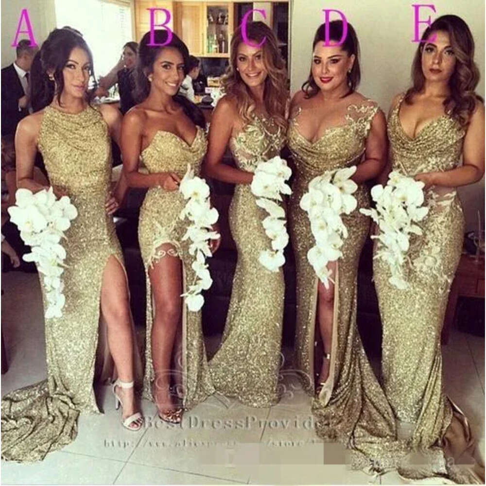 Rose Mermaid Sequins Sparkly Bridesmaid Dresses Gold Sexy Side Slit Sweep Train Ruched Pleats Straps Maid Of Honor Gown Custom Made 0510