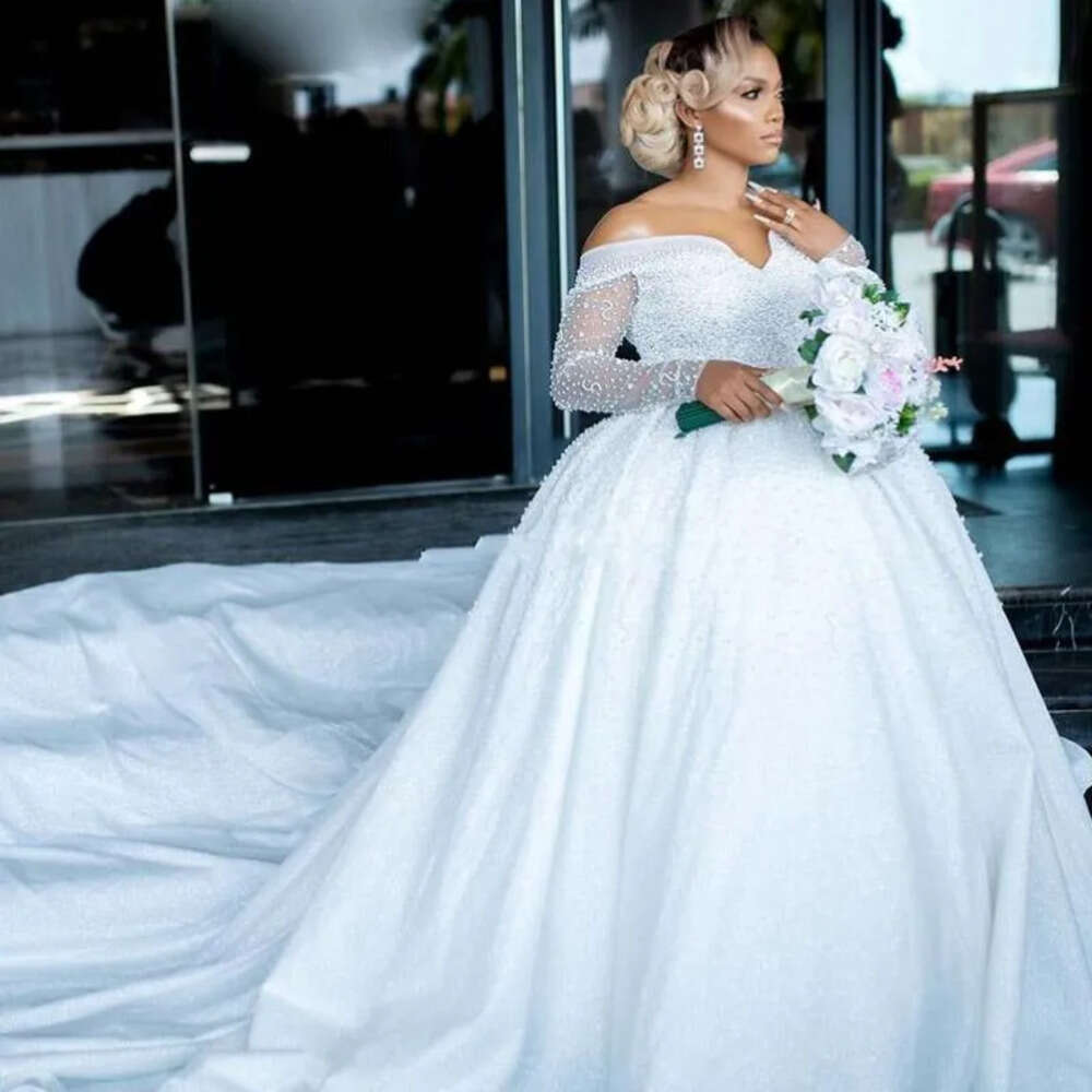 Dresses Sparkly 2021 Long Sleeves Ball Sequins Off The Shoulder Sweep Train Tulle Custom Made Chapel Wedding Gown Vestidos