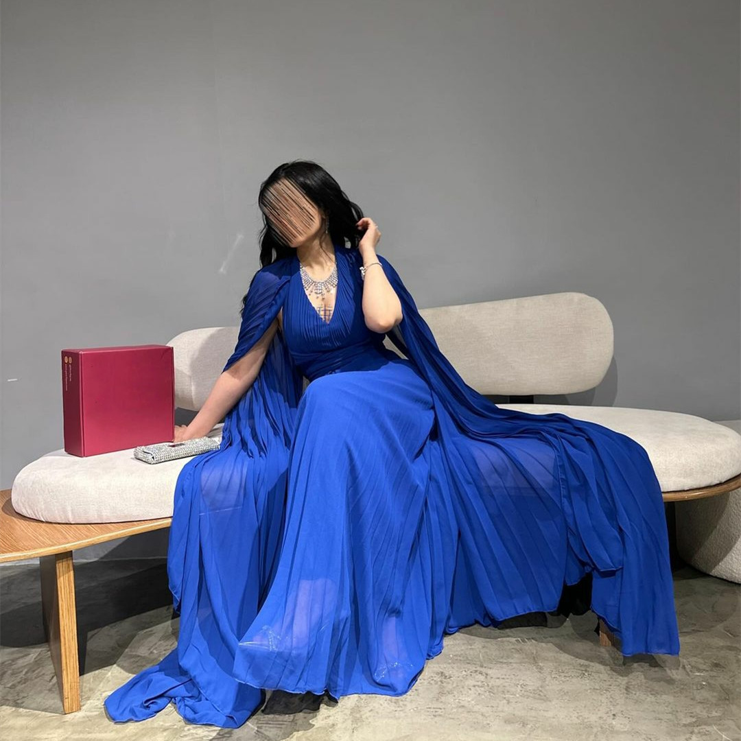 Elegant Long Royal Blue Chiffon Evening Dresses With Cape A-Line V-Neck Pleated Muslim Floor Length Zipper Back Prom Dresses for Women