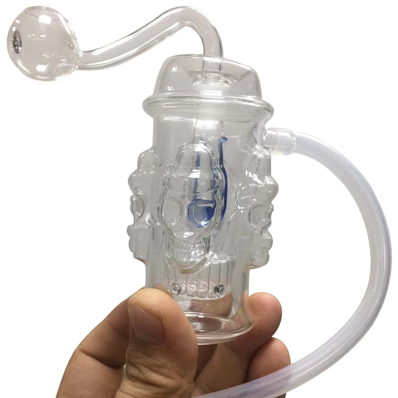 Skull Oil Burner Bubbler Pipe Mini Bong Percolator Water Pipes Glass Hookah Bubbler Recycle Portable Hand Smoking With Bowl Slide and Soft Silicone Mouthpiece