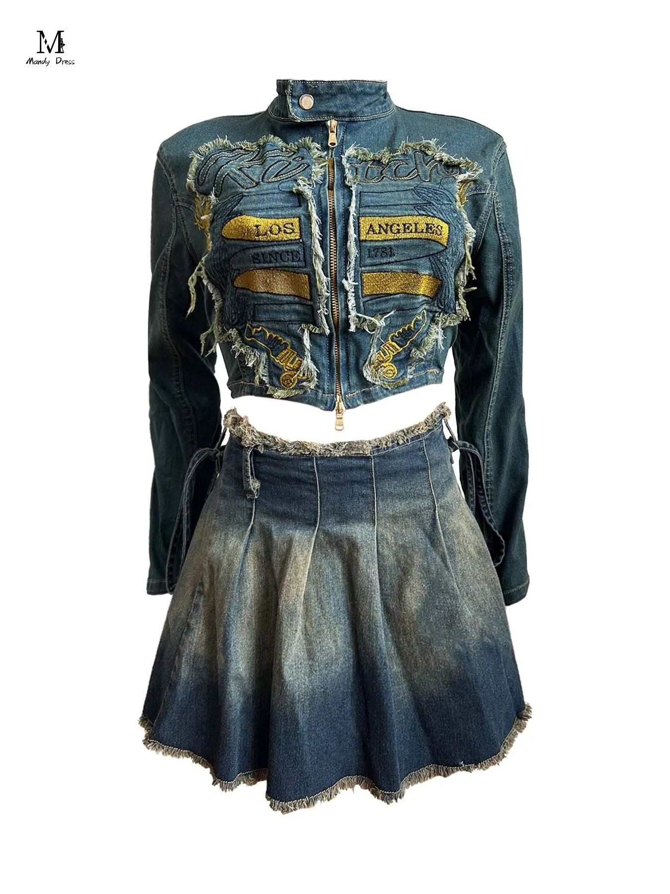 Fashion Stretch Denim Suit Women Embroidery Jacket Pleated Skirt Outfits Streetwear Lady 2 Two Piece Matching Sets 240428