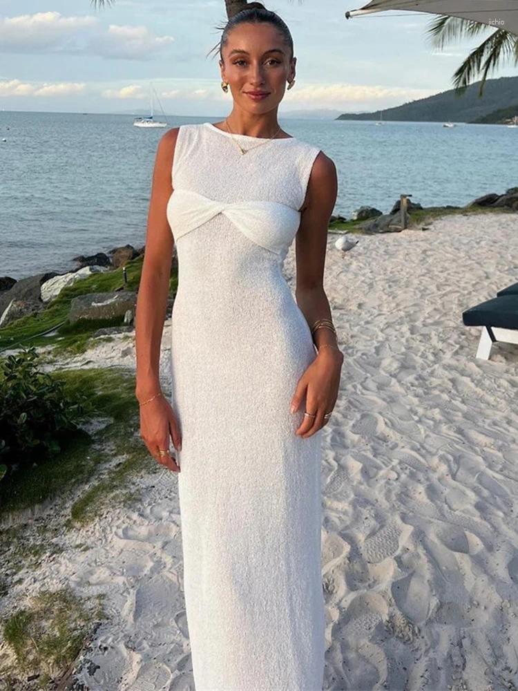 Casual Dresses Knitted Round Neck Ruched Women Maxi Dress Sleeveless See Through Female Summer Skinny Elegant Party Beachwear