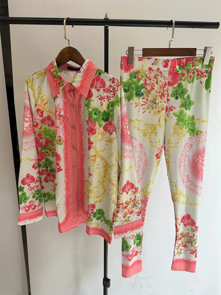 Retro geometric print lapel loose shirt two-piece set summer womens elastic waist tight stretch pants fashion set 240429 - view 4
